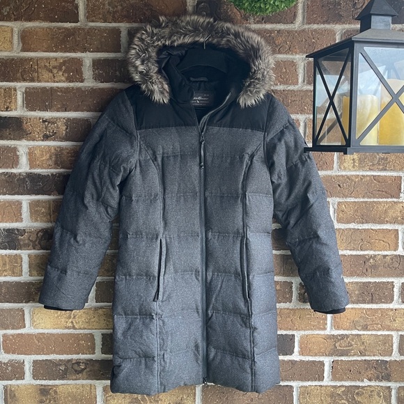 Eddie Bauer Gray Long Down Winter Hooded Coat 
Women's Gray Puffer - Picture 15 of 16